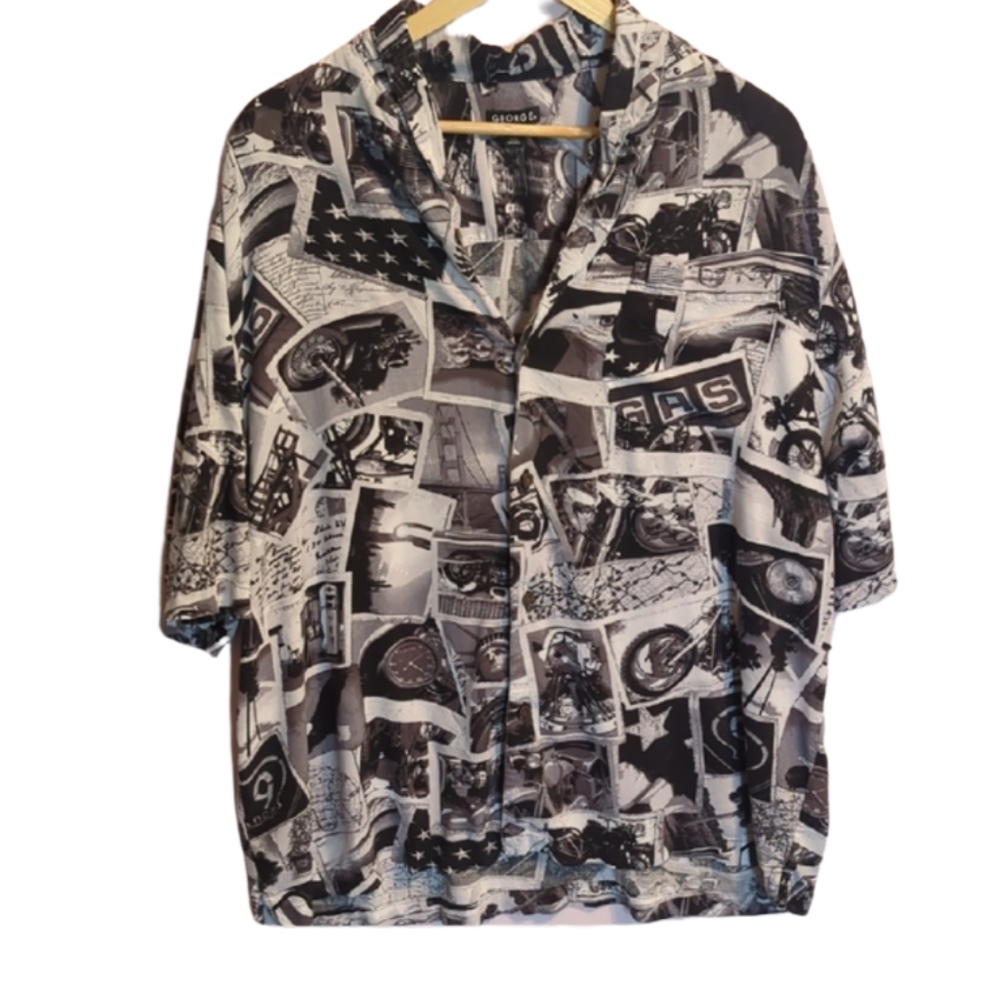 Mens Black & White Graphic Motorcycle Biker American Button Up Summer Shirt 2XL